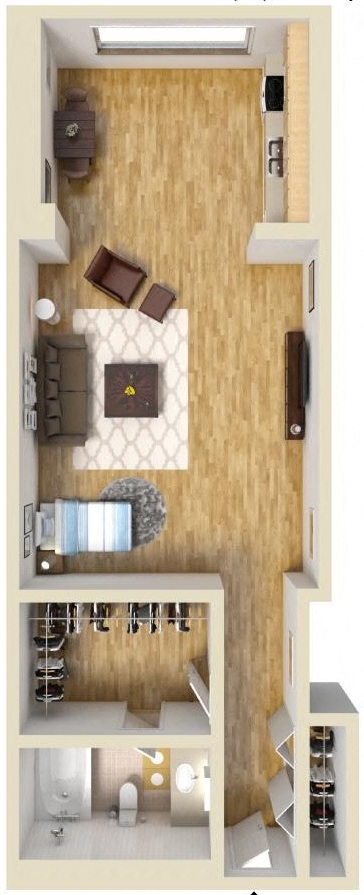 Floor plan for studio, 1 bath, 600 sqft
